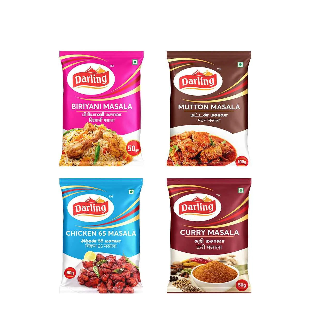 Darling Masala Spice Bundle – Biryani, Mutton, Chicken 65 & Curry Masala (50g Packs)