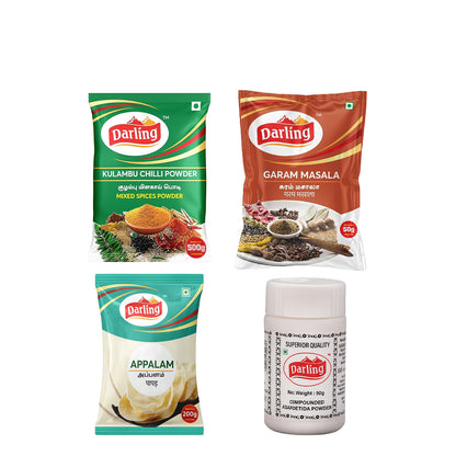 Darling Indian Spice & Snack Bundle – Kulambu Chilli Powder, Garam Masala, Appalam & Asafoetida Powder