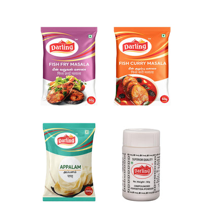 Darling Seafood Spice & Snack Bundle – Fish Fry Masala, Fish Curry Masala, Appalam & Asafoetida