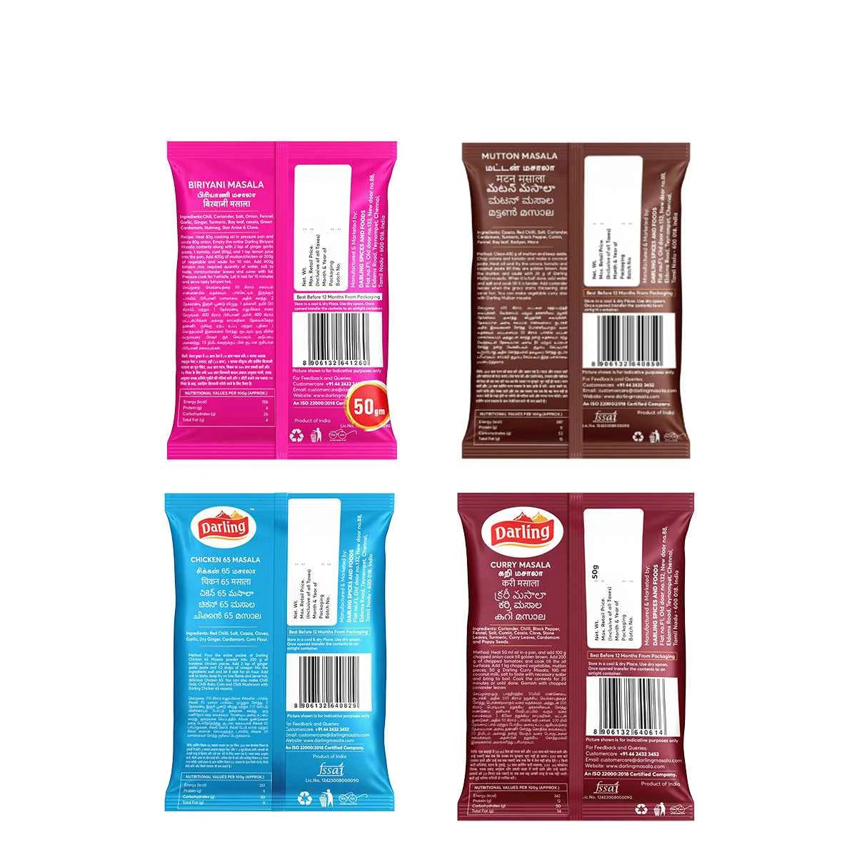 Darling Masala Spice Bundle – Biryani, Mutton, Chicken 65 & Curry Masala (50g Packs)
