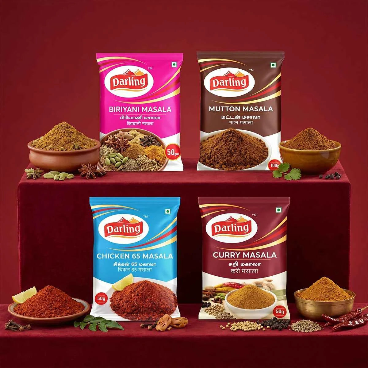 Darling Masala Spice Bundle – Biryani, Mutton, Chicken 65 & Curry Masala (50g Packs)