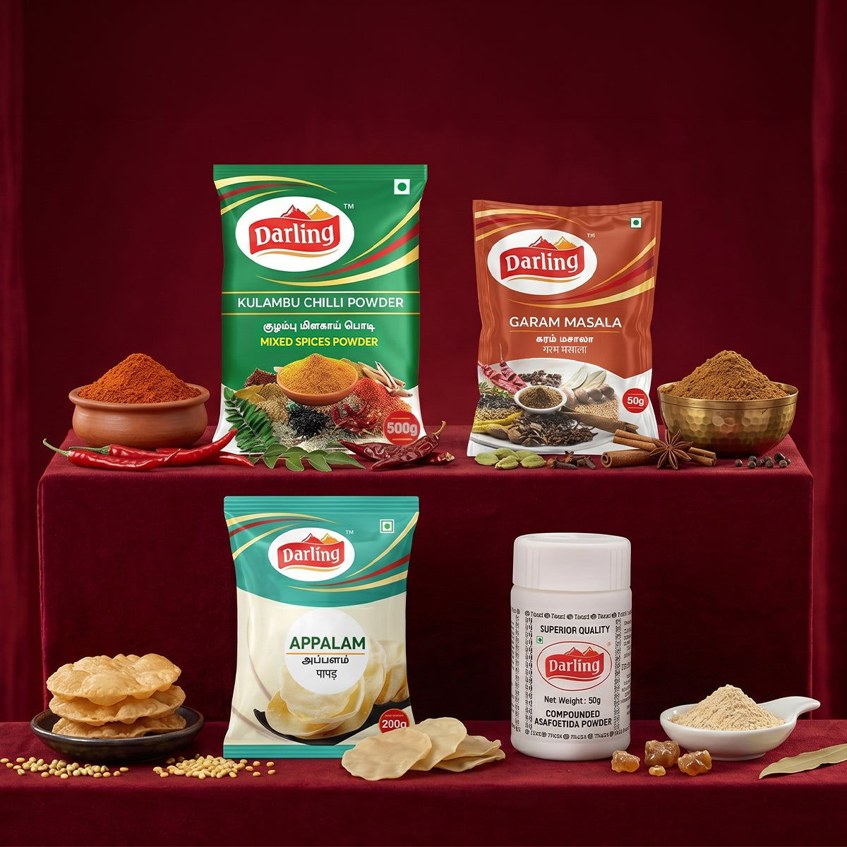 Darling Indian Spice & Snack Bundle – Kulambu Chilli Powder, Garam Masala, Appalam & Asafoetida Powder