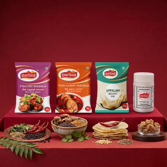 Darling Seafood Spice & Snack Bundle – Fish Fry Masala, Fish Curry Masala, Appalam & Asafoetida