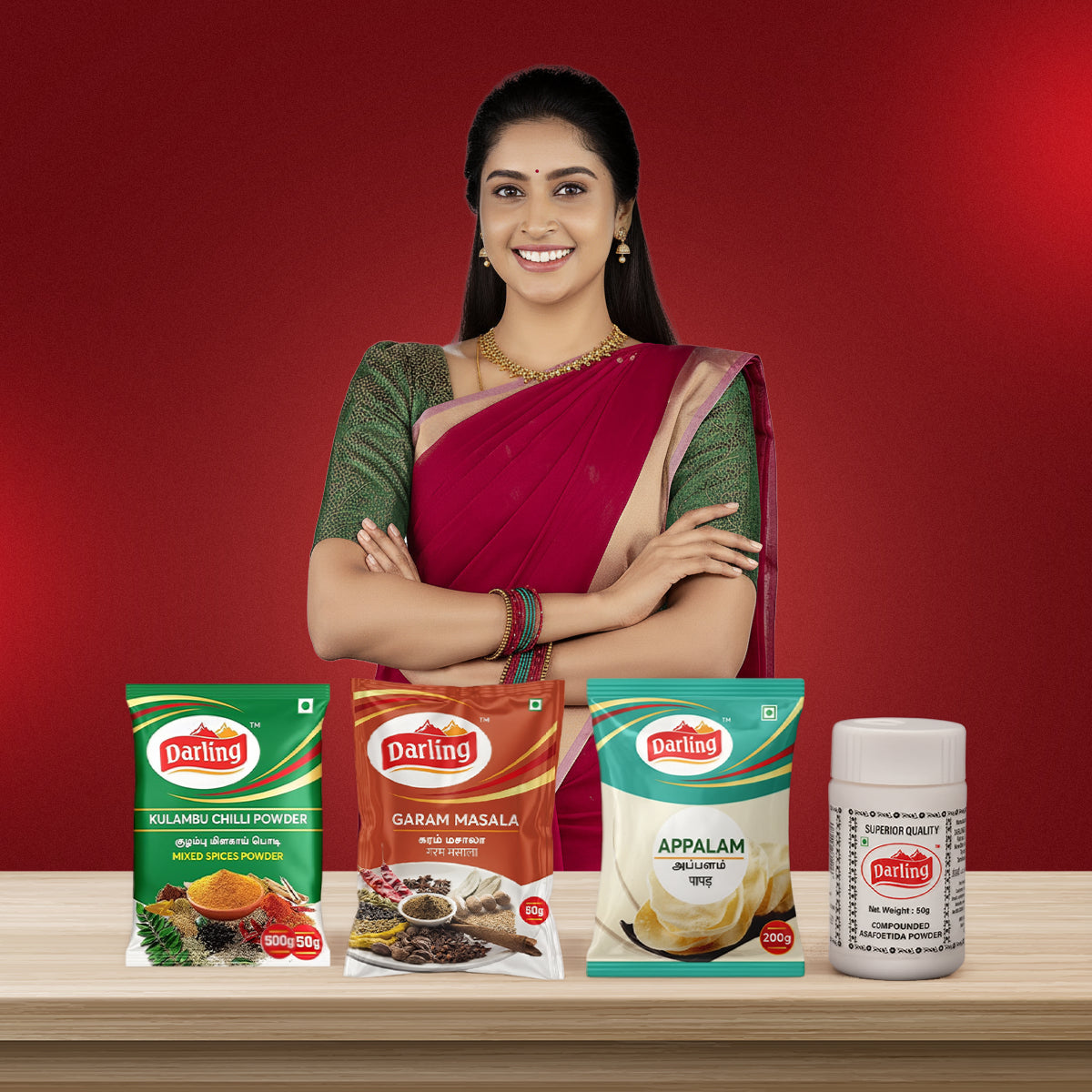 Darling Indian Spice & Snack Bundle – Kulambu Chilli Powder, Garam Masala, Appalam & Asafoetida Powder